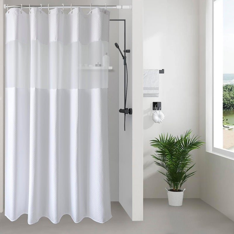 UFRIDAY Waffle Weave Fabric Shower Curtain with Mesh Window, Heavy Duty Decorative Bathroom Curtain with White Pique Pattern, Spa-Like Hotel Luxury, Water-Repellent,54x 78Inches - Image 1